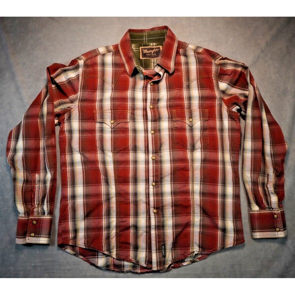 Wrangler Retro Western Mens Pearl Snap Red Plaid‎ Long Sleeve Shirt L Cowboy